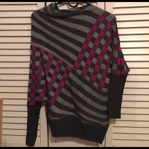 Grey and maroon striped and checkered sweater