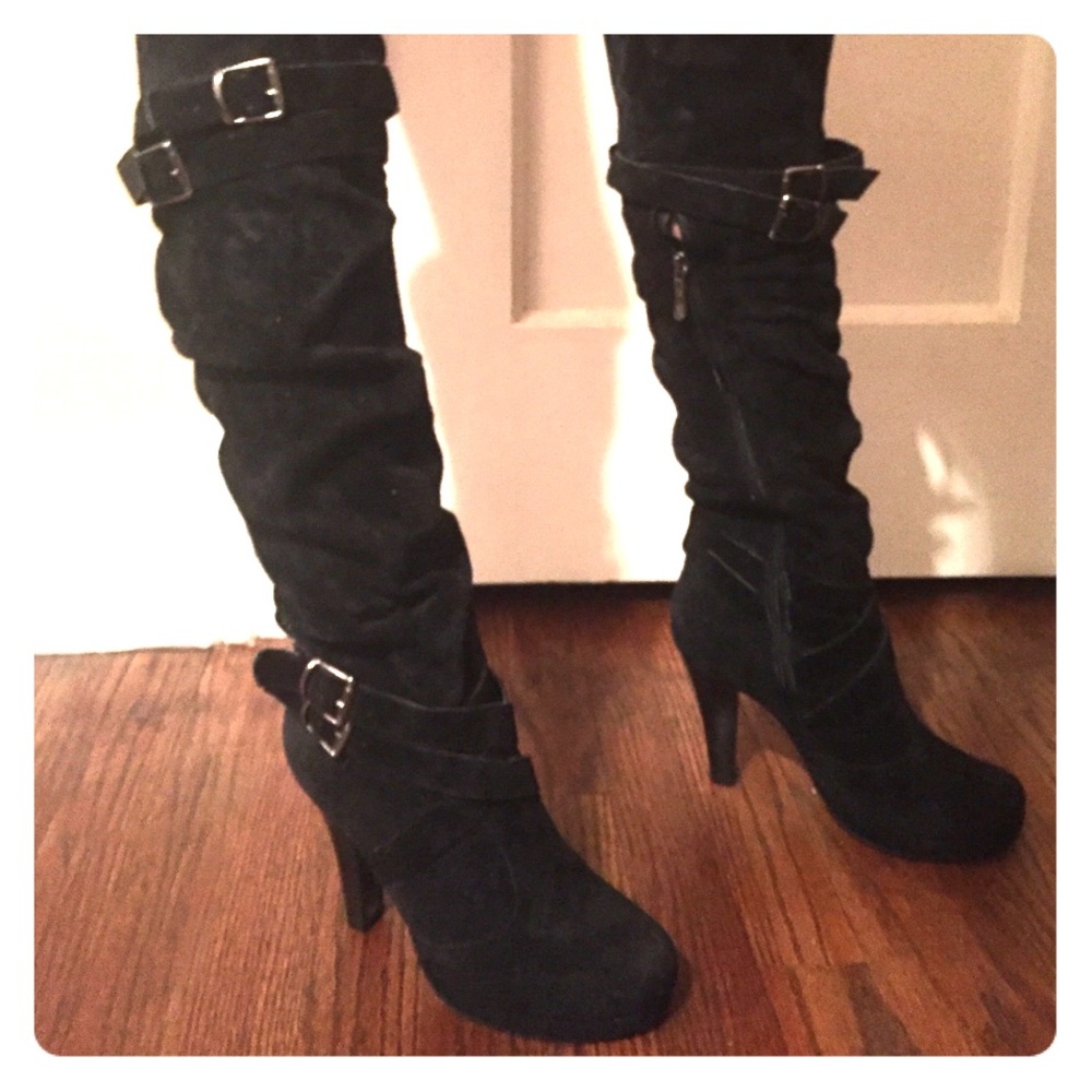 Black Suede Over the Knee Heel Boots