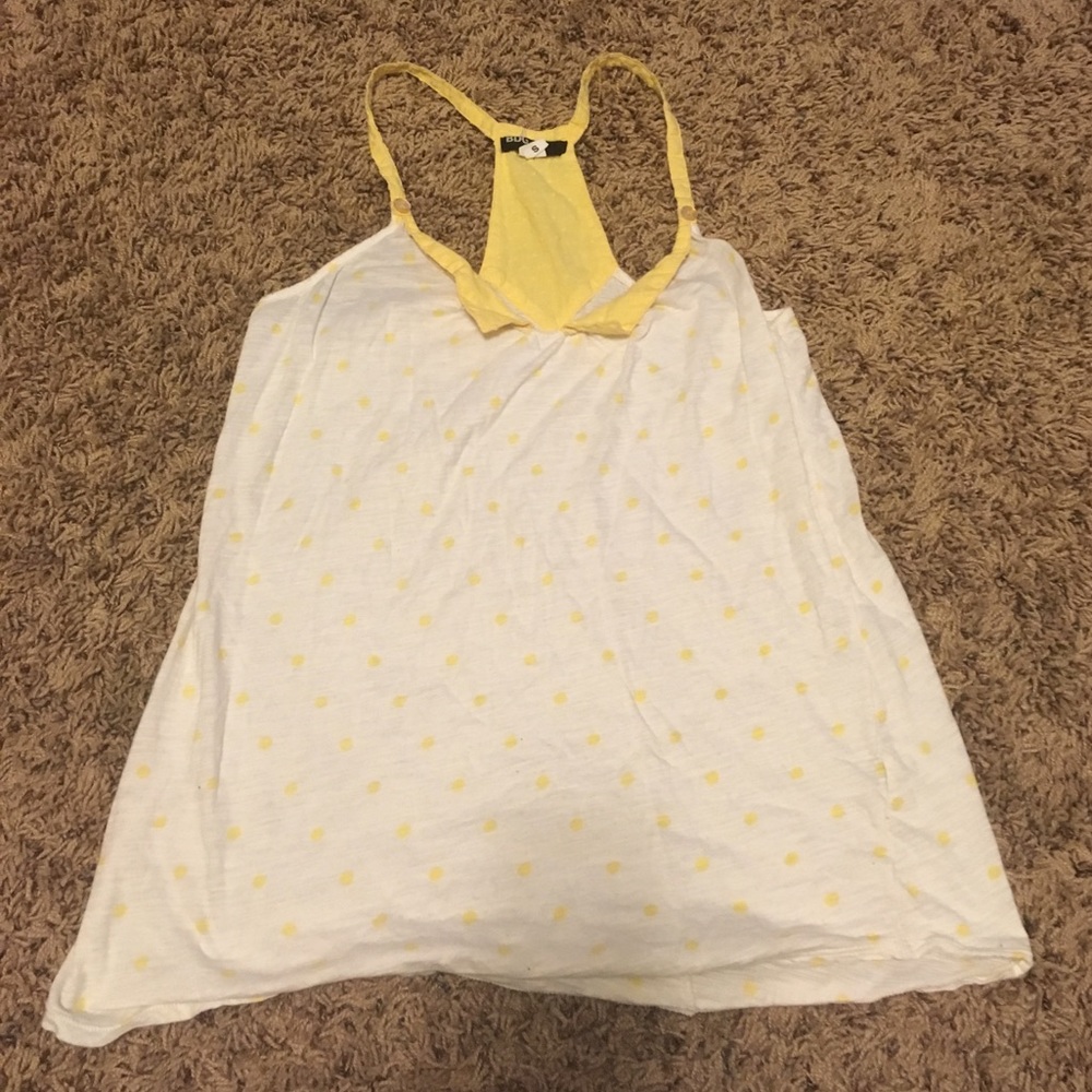 White and canary yellow polka dot tank top.