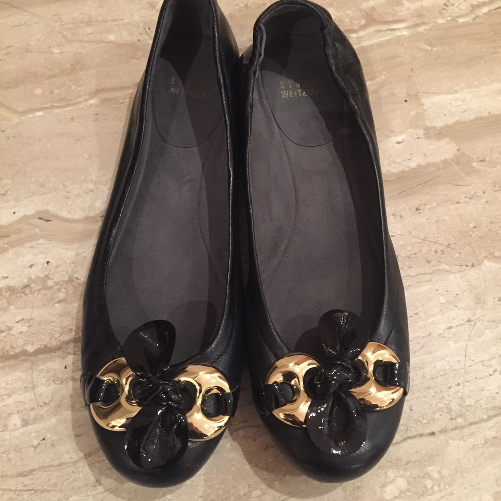 Stuart Weitzman Black Flats with Gold & Bow Detail