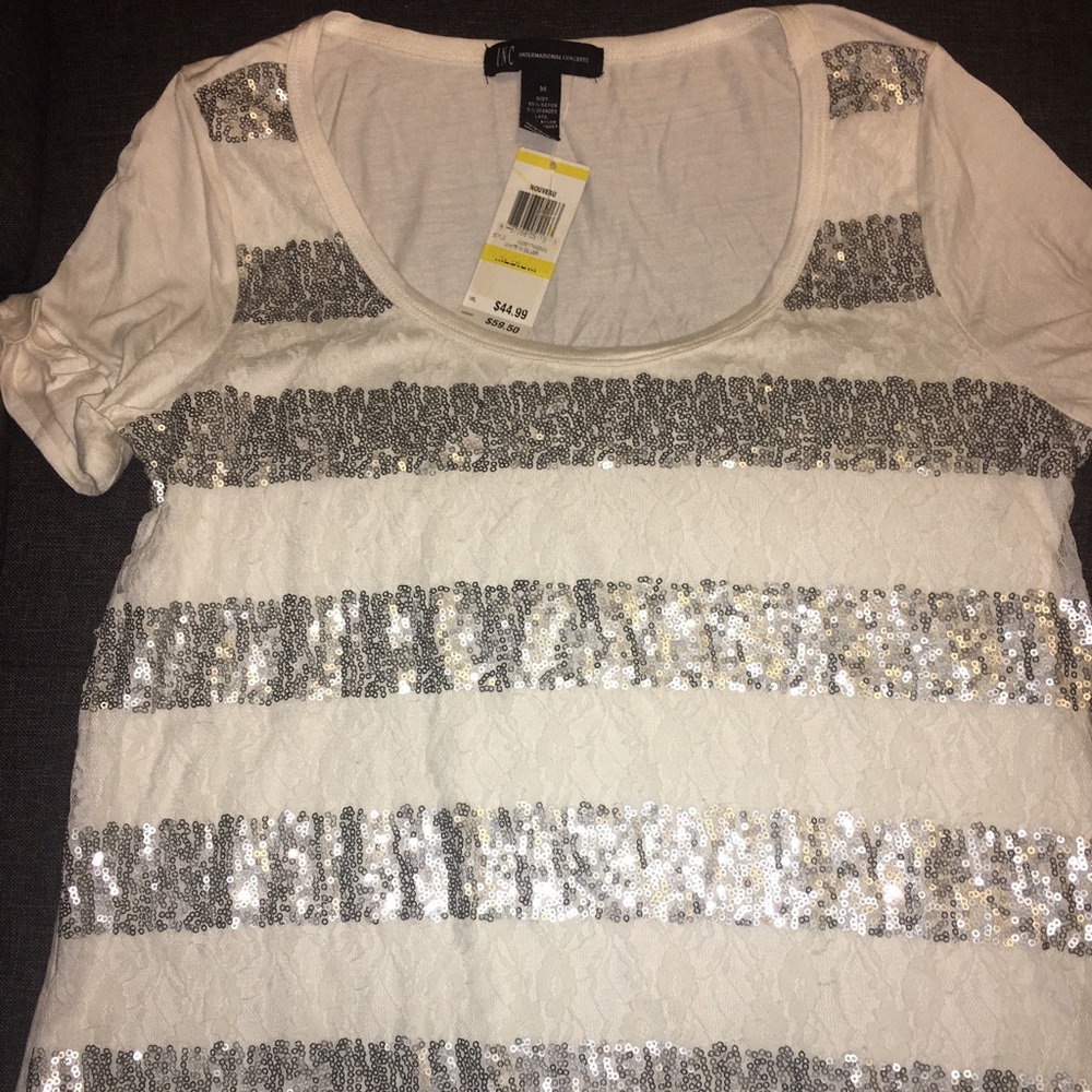 White lace and sequin shirt, size medium NWT
