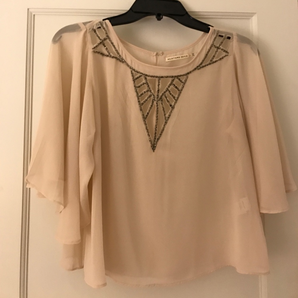 Pale pink blouse w/ cut outs and chrome beading