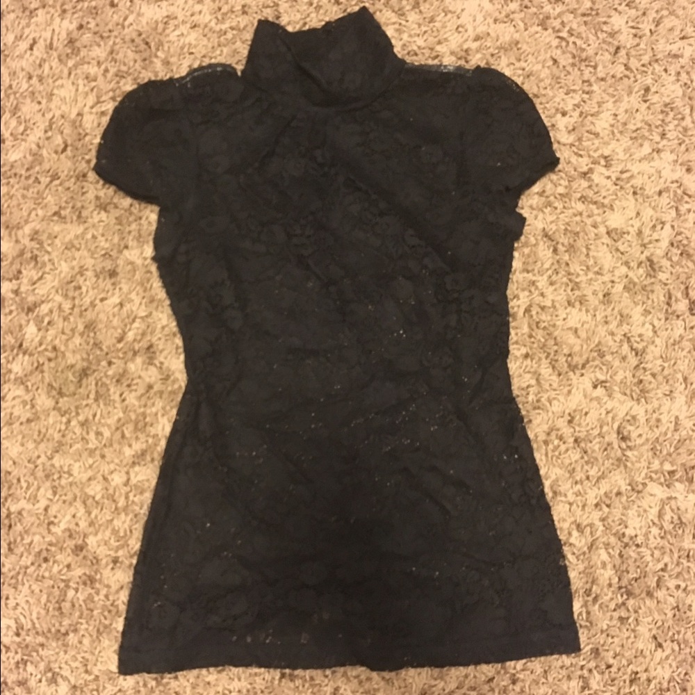 Black laced high neck short sleeve shirt.
