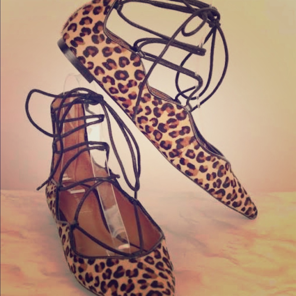 Zara leopard calf hair pointed toe lace up flat