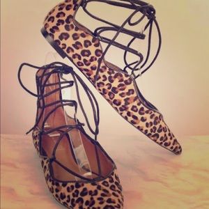Zara leopard calf hair pointed toe lace up flat