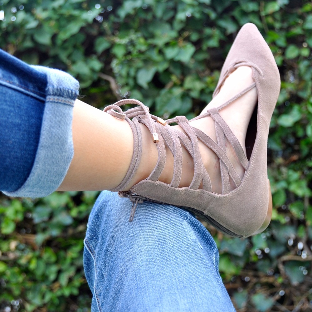 Jeffrey Campbell Suede Lace Up Flats - Natural