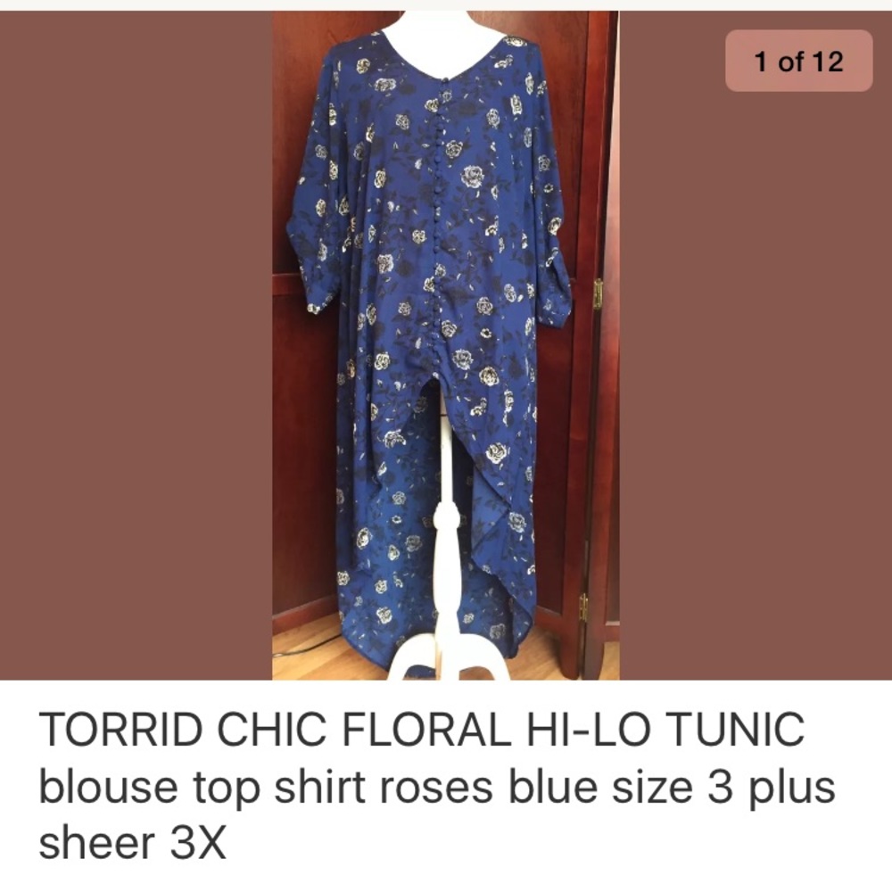 Torrid 3X hi lo tunic blouse top blue roses sheer
