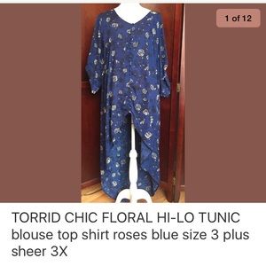 Torrid 3X hi lo tunic blouse top blue roses sheer