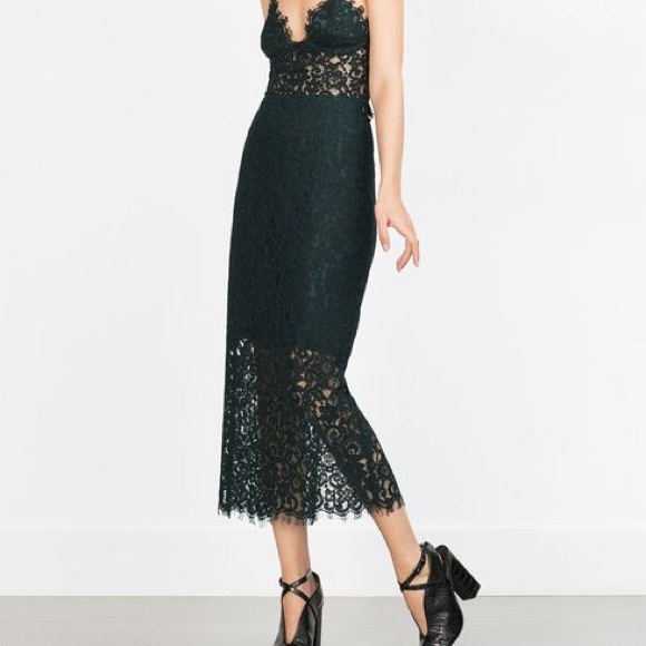 Zara Dresses & Skirts - Zara Dark Green Lace Midi Skirt