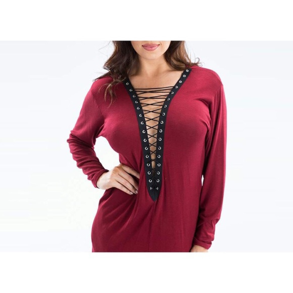Lace up Dress-WINE