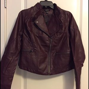 Faux Leather Seamed Moto - Dark Red