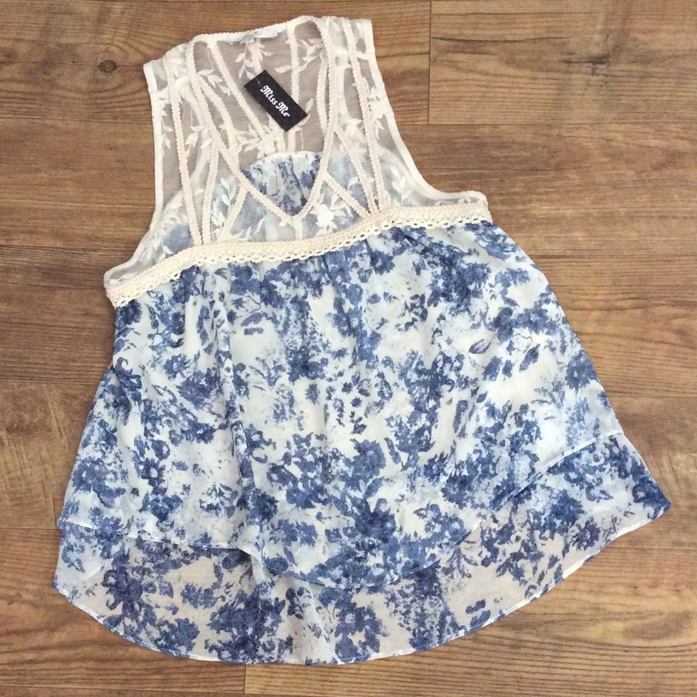 MISS ME IVORY BLUE FLORAL LACE RAZOR BACK TANK - Picture 2 of 4