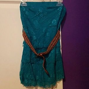 Rue 21 Teal layered lace tube top with brown belt