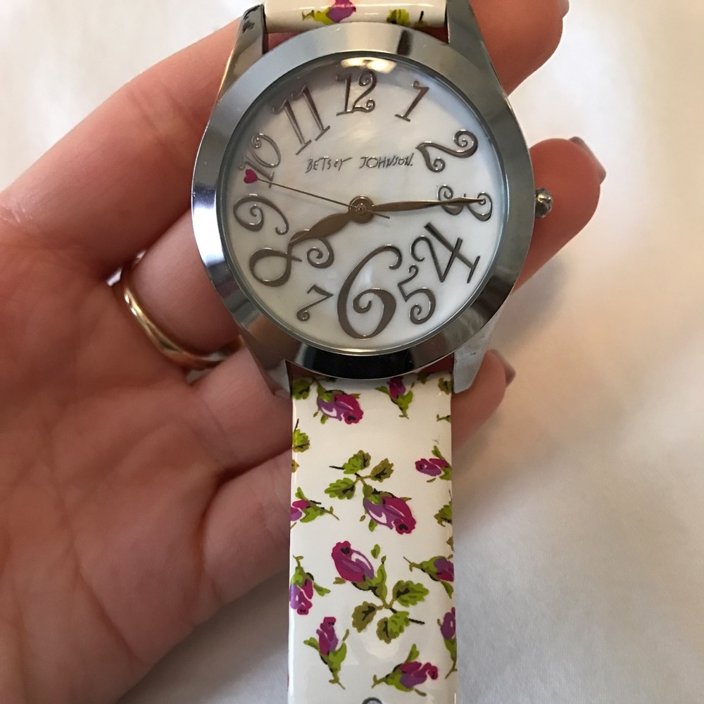 Betsy Johnson watch white with pink roses
