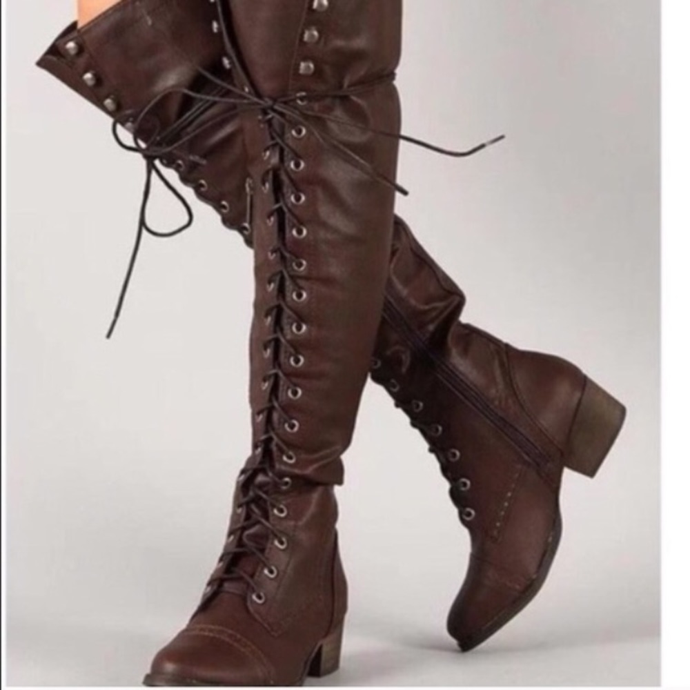 Brown over the knee military lace up boots - Picture 1 of 3