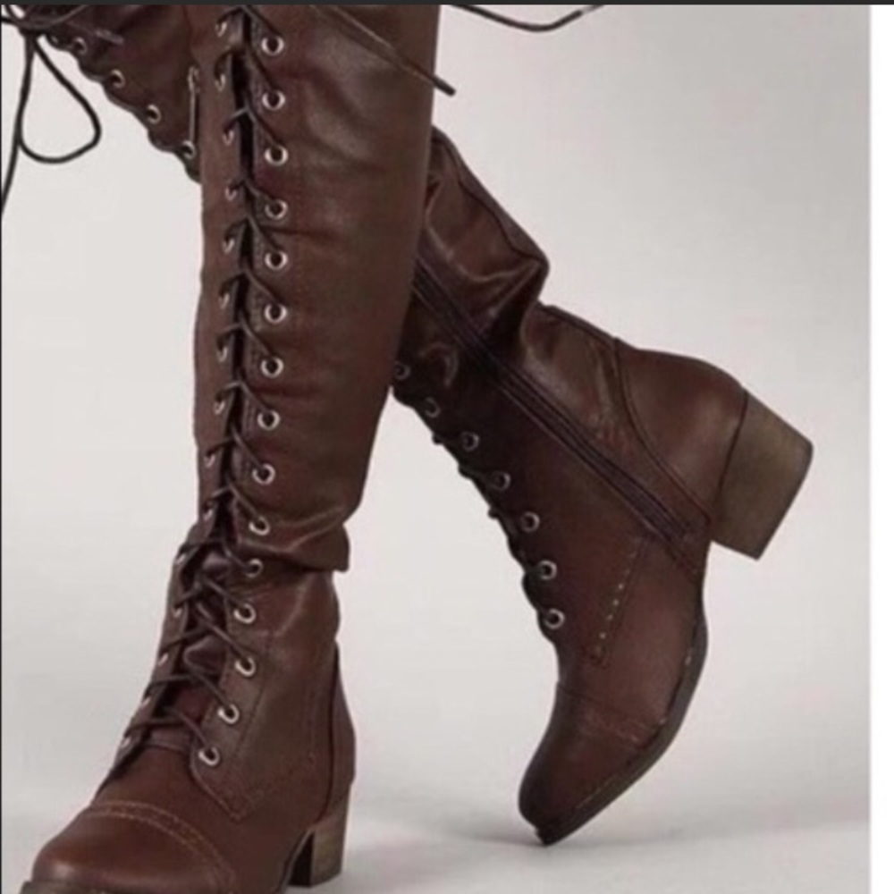 Brown over the knee military lace up boots - Picture 3 of 3