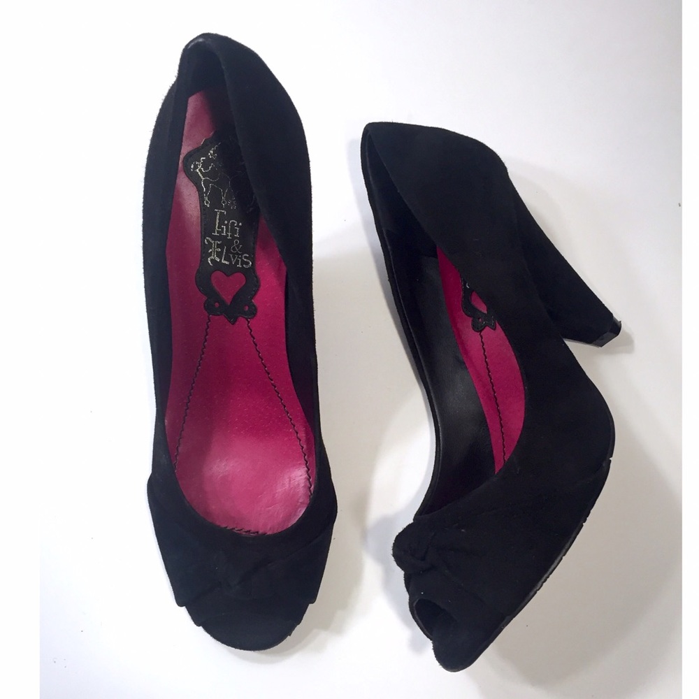Fifi & Elvis Black Suede Peep Toe Pumps