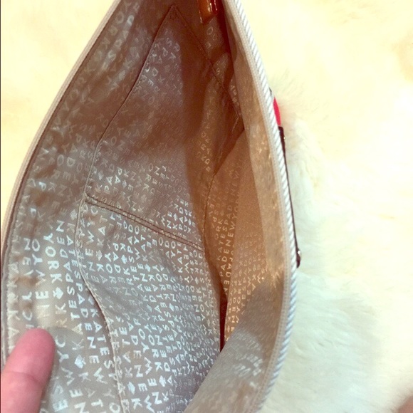 Kate Spade Khaki,hot pink, red, black stripe bag. - Picture 3 of 4