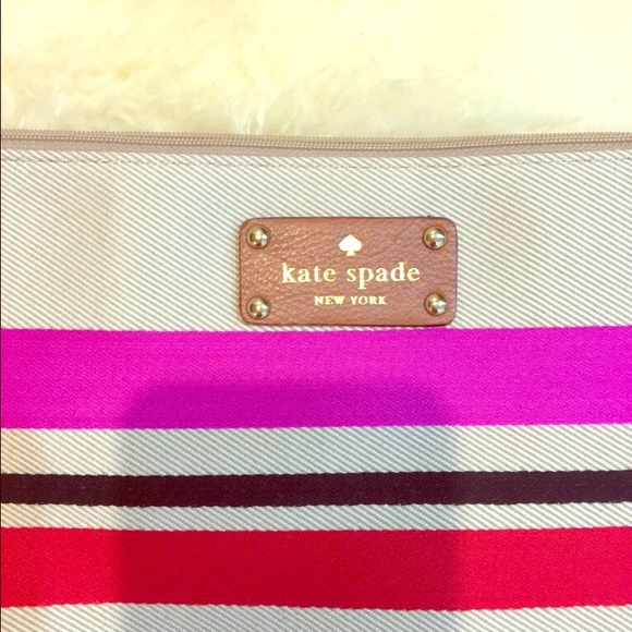 Kate Spade Khaki,hot pink, red, black stripe bag. - Picture 4 of 4