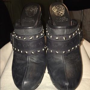 Vince Camuto Black Leather and Studded Heel Clogs