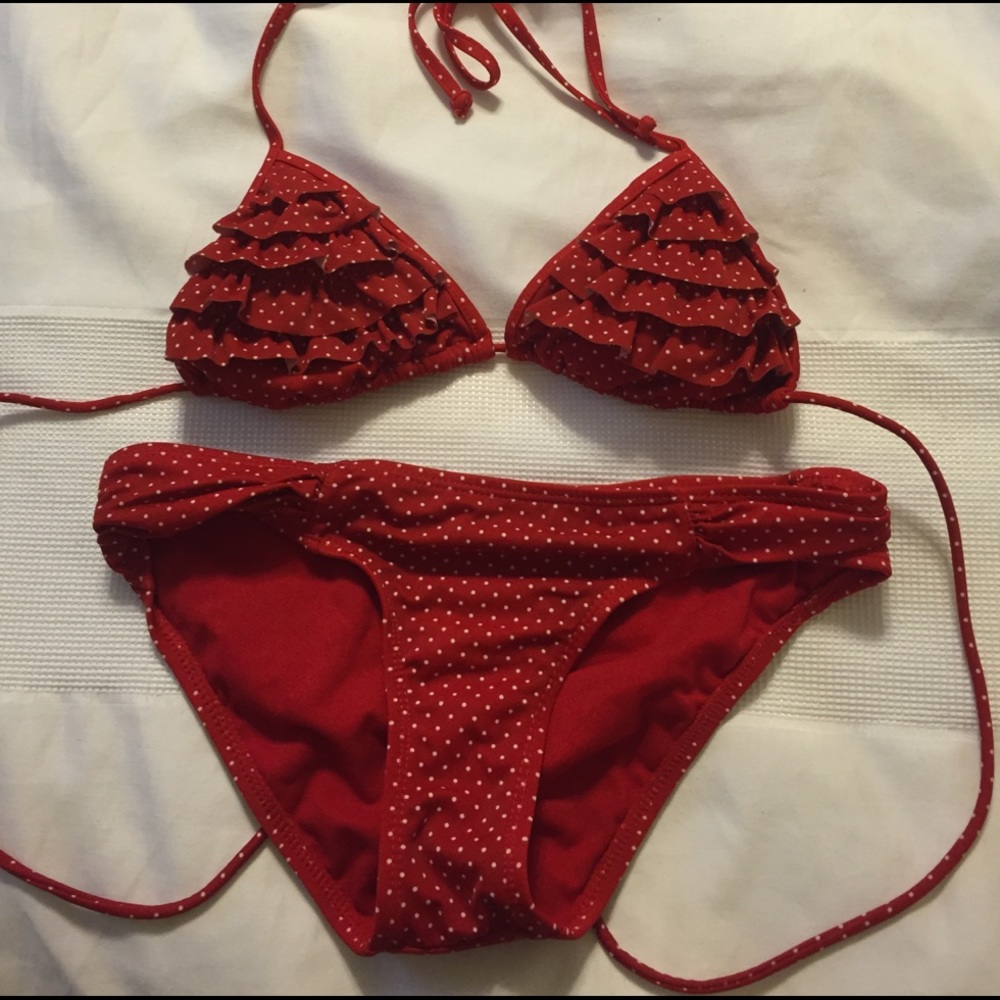 Red and white ruffle polka dot bikini