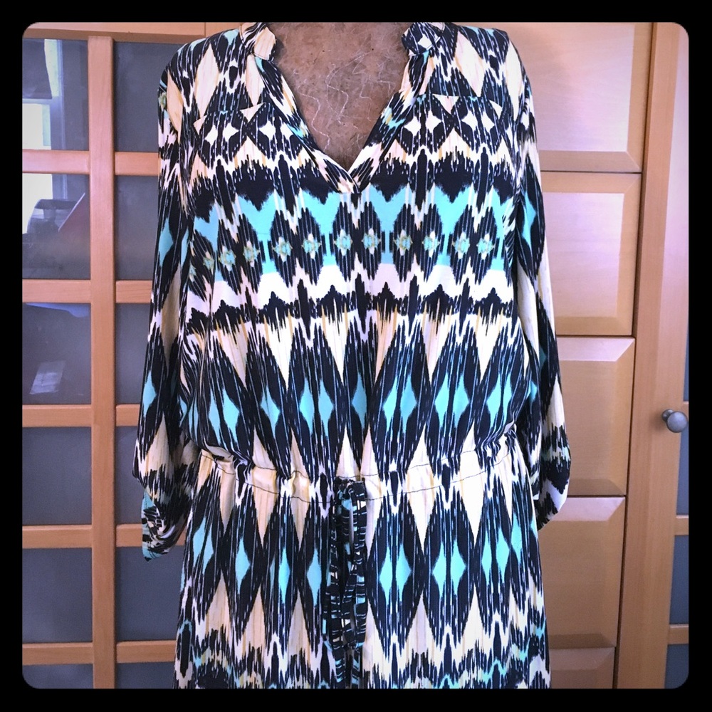 3/4 Sleeve Shirt Dress with Drawstring Waist