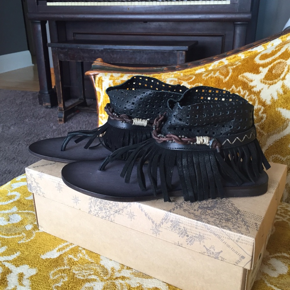 Free People Fringe Sandals Black Boho Festival