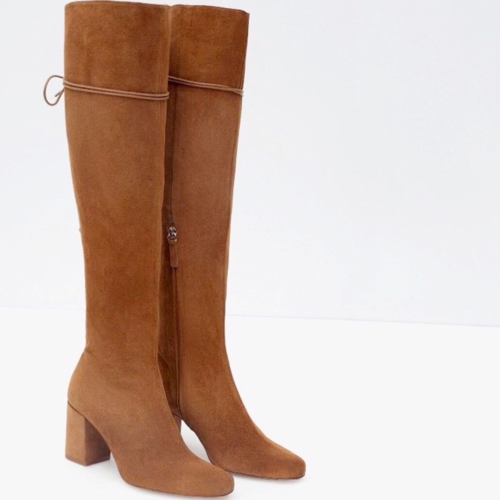 ZARA leather high heel camel colored boots.