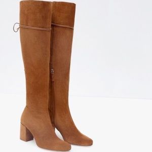 ZARA leather high heel camel colored boots.