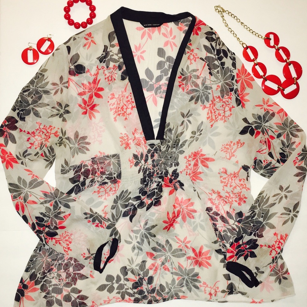 New York & Company black, red and tan floral shirt