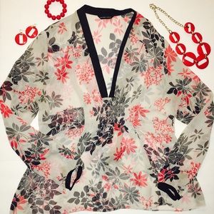 New York & Company black, red and tan floral shirt