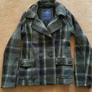 AE Gray and Blue Plaid Wool Peacoat