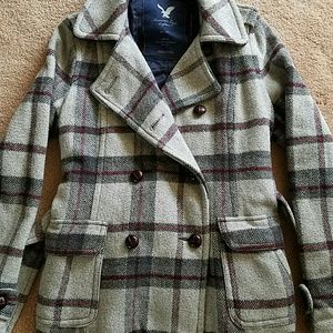 ♡Winter Sale♡ AE Grey Plaid Wool Peacoat