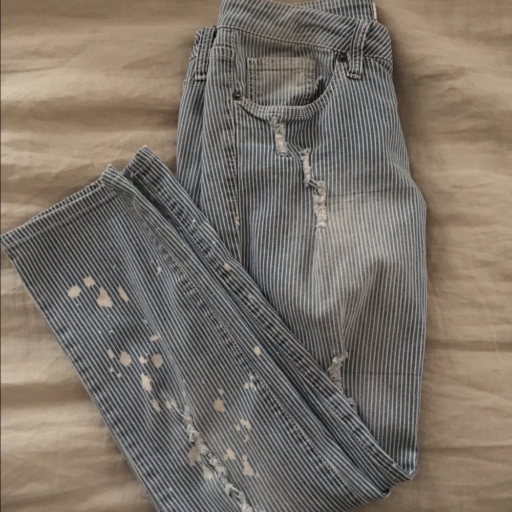 Distressed Blue Pinstripe Capris
