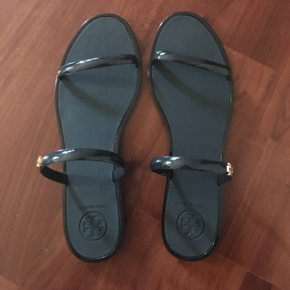 Authentic Tory Burch Two-Band Jelly Slides Navy 8