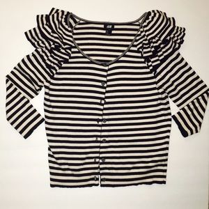 H & M tan/black striped ruffled shoulders sweater