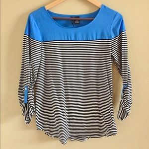 Blue with black and white stripes top