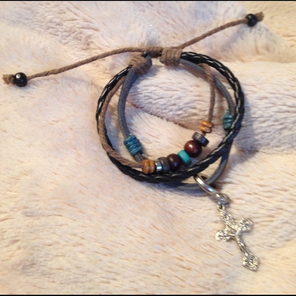 Jewelry - NEW! LEATHER BEADED CROSS ADJUSTABLE BRACELET