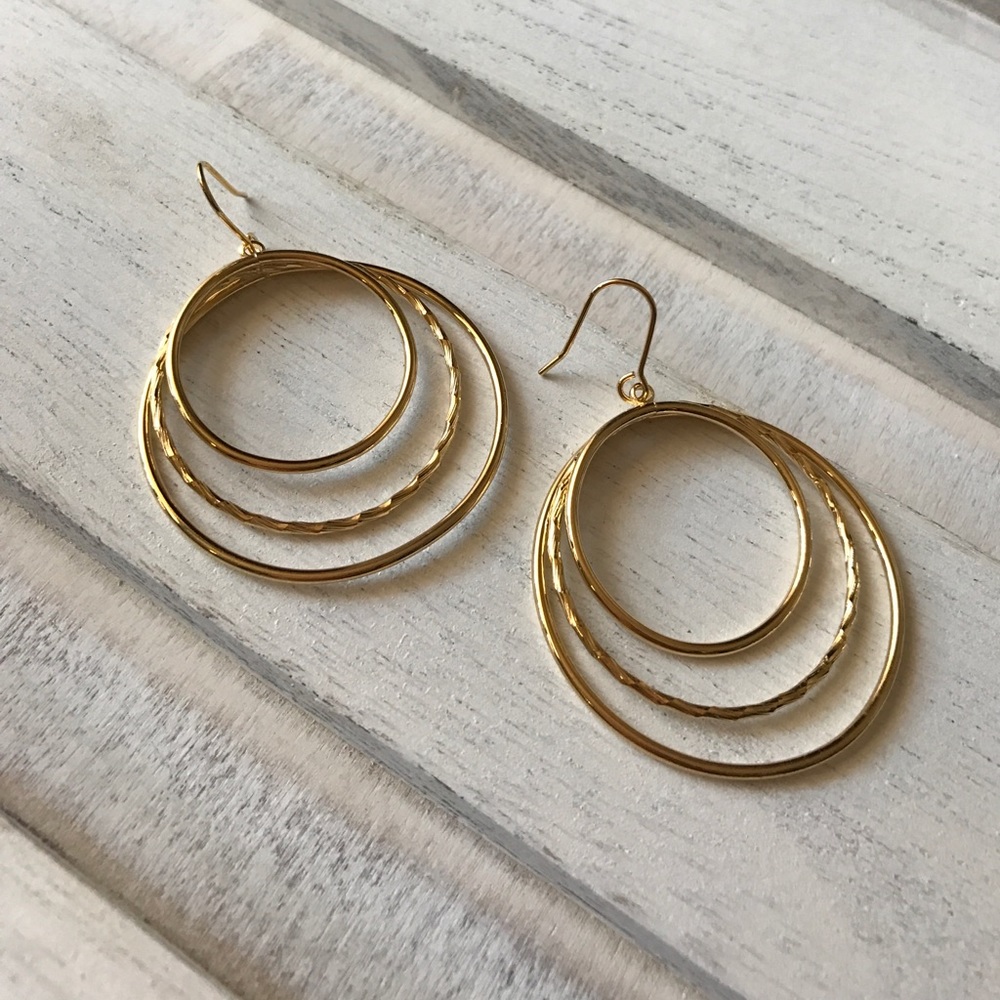 NEW Gold Tone Triple Circle French Wire Earrings