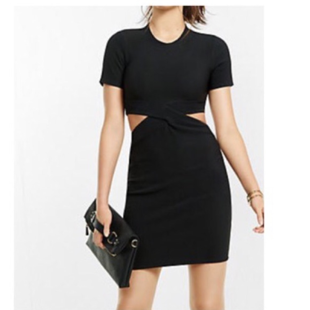 Black Short Sleeve Ribbed Cut Out Dress