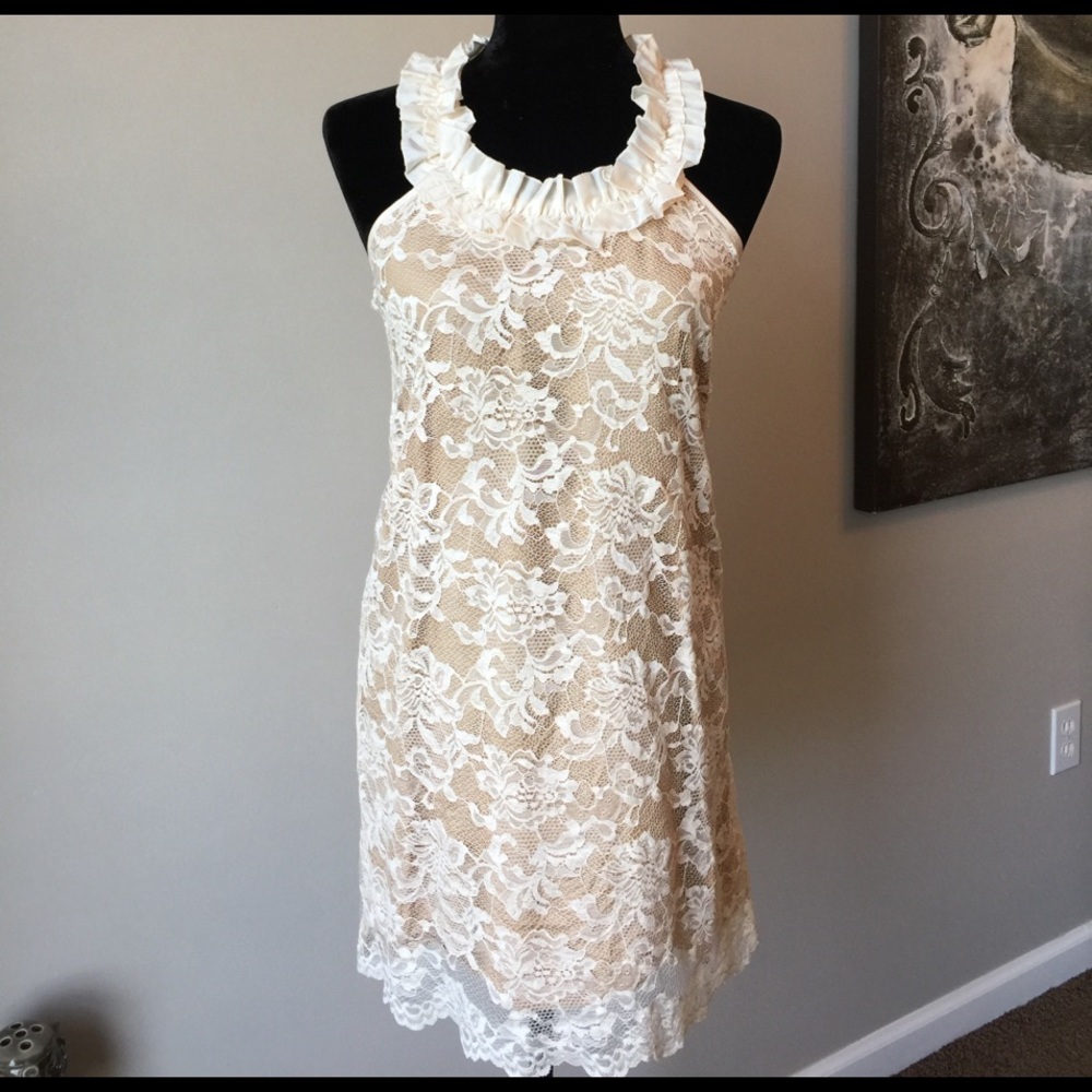 Cream & Nude Lace Dress w/ Ruffle Neck & T-Back