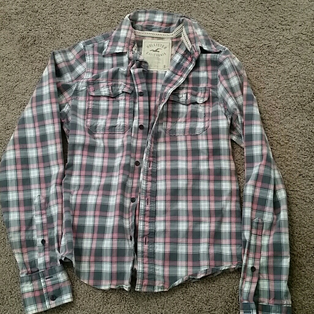 Long sleeve, pink, gray and white button up shirt.