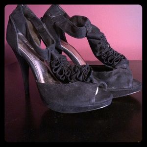 Black Ruffle Ankle Strap Heels
