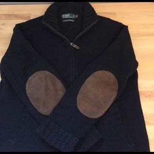 Navy zipcardigan with suede elbow patches by polo