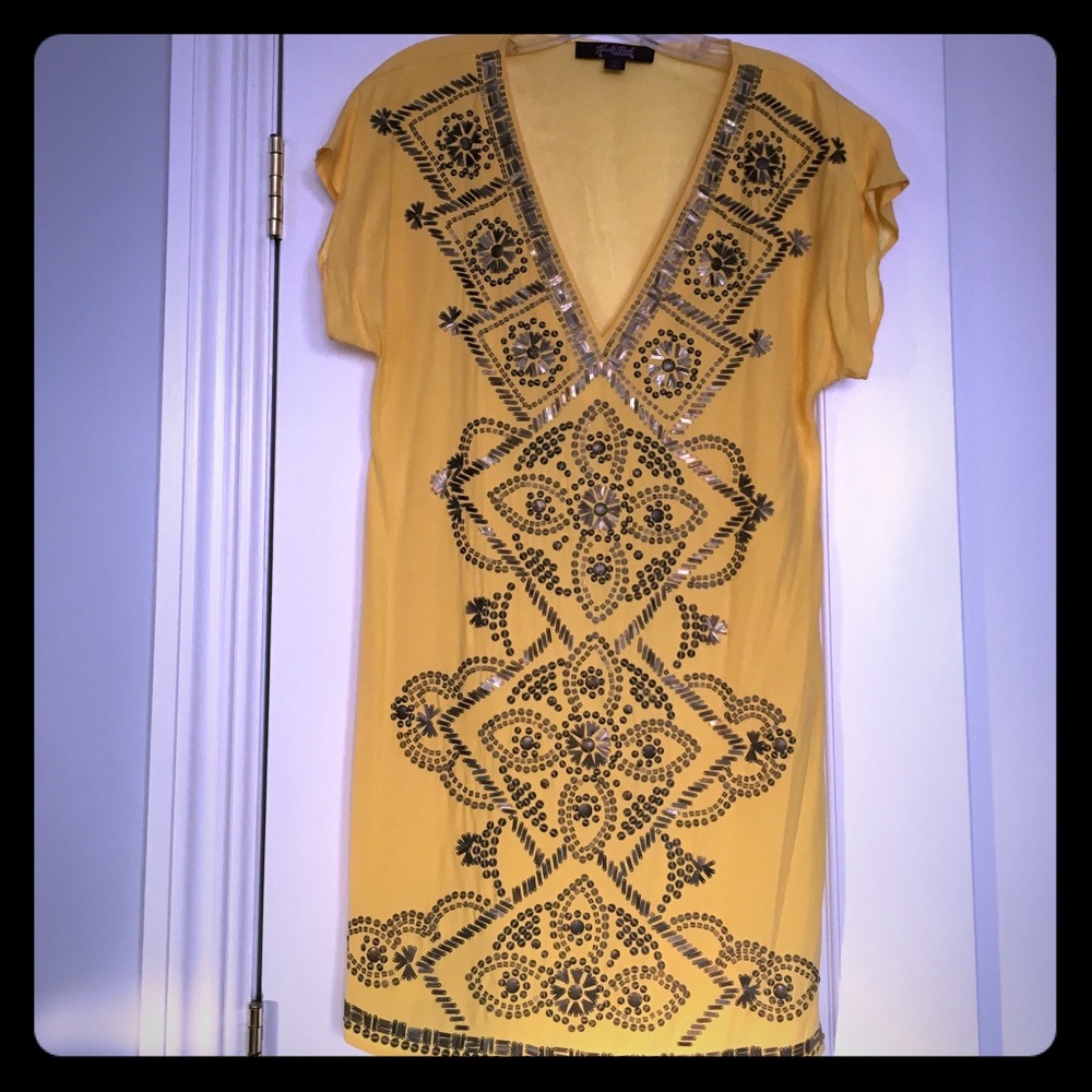 Yellow silk beaded v-neck party dress