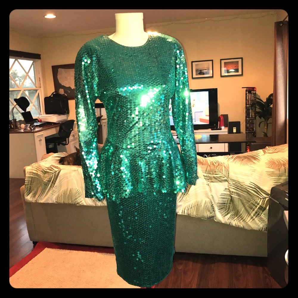 Vintage 1980's green sequin cocktail dress size 10