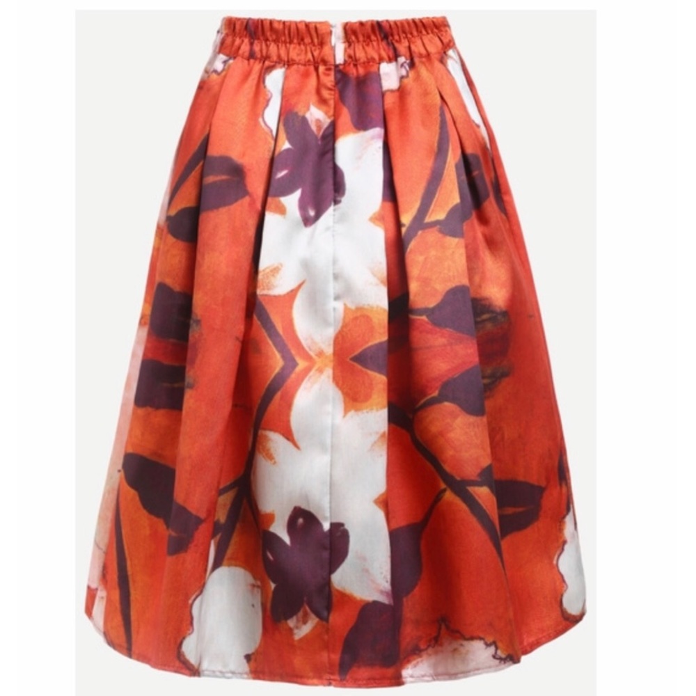 •new• RUST ORANGE FLOWER FULL MIDI SKIRT - Picture 3 of 6