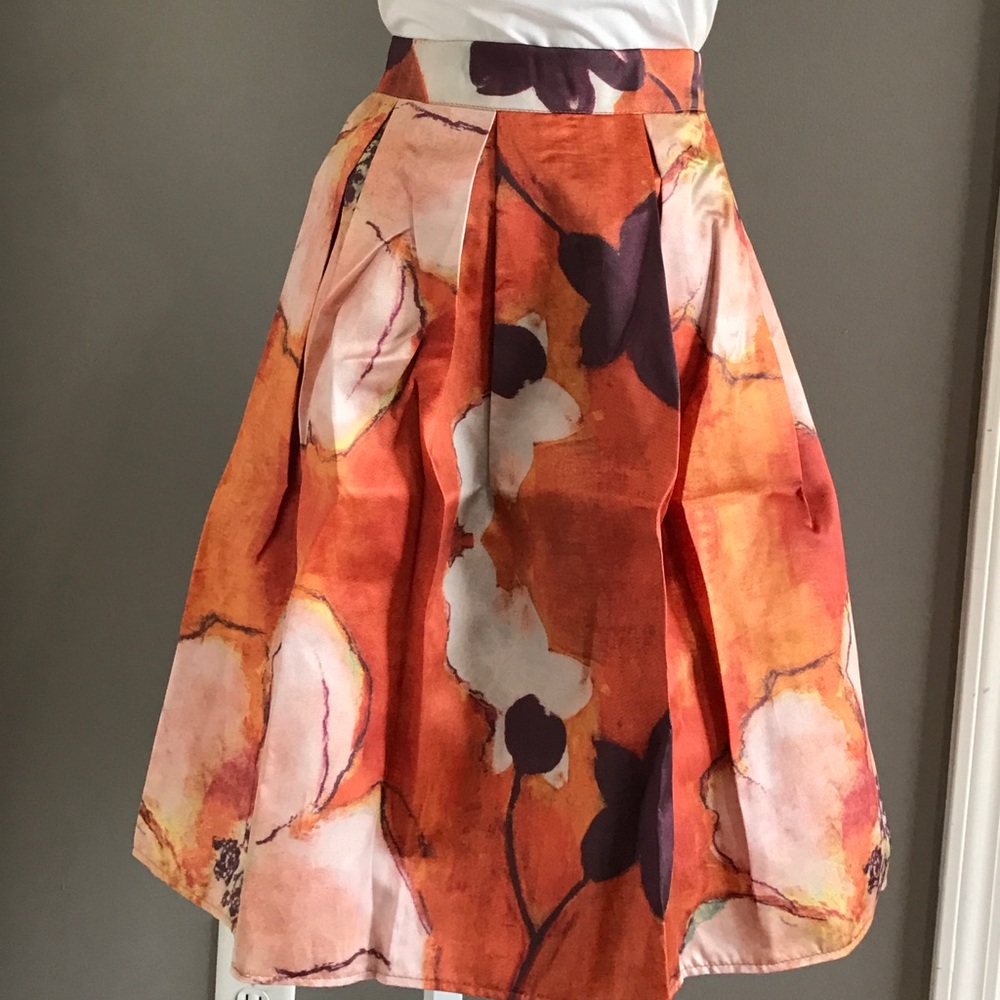 •new• RUST ORANGE FLOWER FULL MIDI SKIRT - Picture 5 of 6