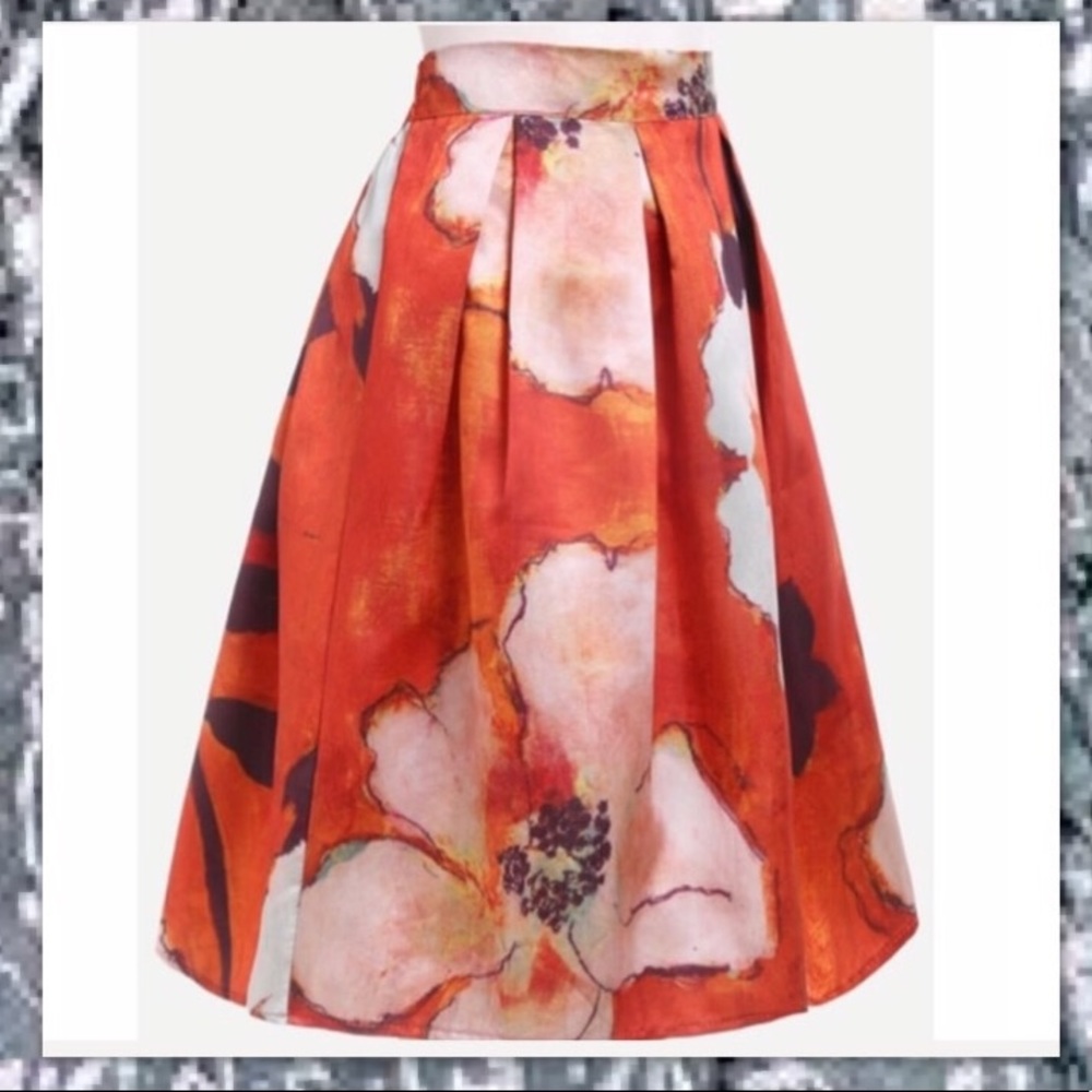 •new• RUST ORANGE FLOWER FULL MIDI SKIRT - Picture 2 of 6
