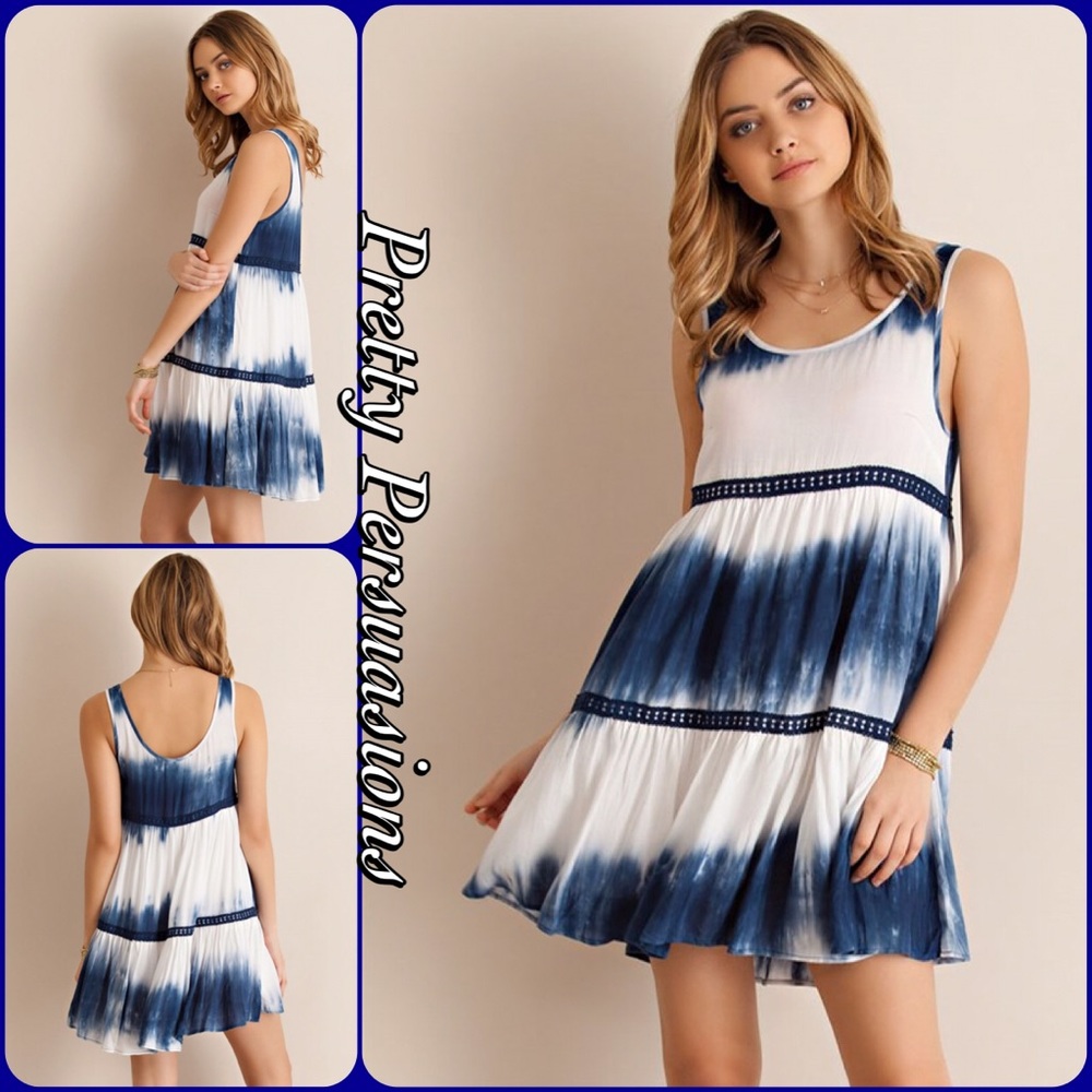 NWT Green Combo Crochet Trim Tie Dyed Slip Dress - Picture 3 of 3